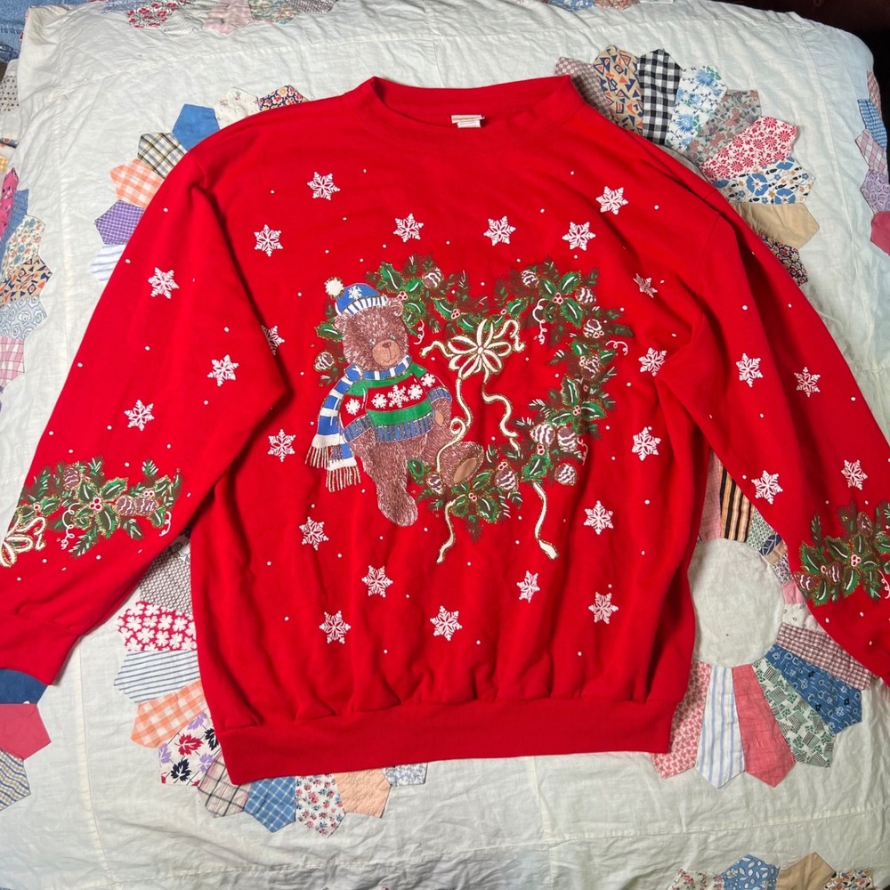 Holiday‎ Time Red Christmas Bear Wreath Snowflake Sweatshirt Mens Large Vintage